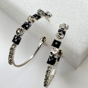 Round Silver and Black Crystal Earrings